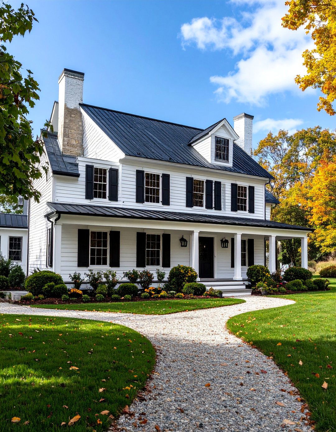 White Farmhouse with Black Windows and Courtyard Configuration - 25 White Farmhouse With Black Windows Ideas