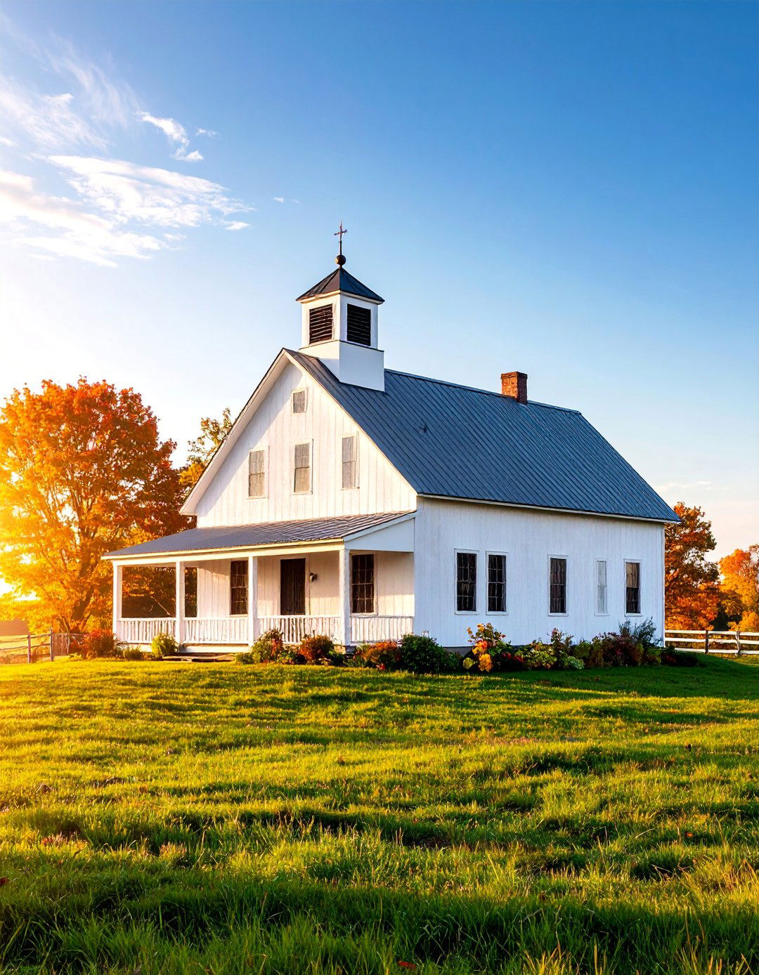 White Farmhouse with Black Windows and Cupola Feature - 25 White Farmhouse With Black Windows Ideas