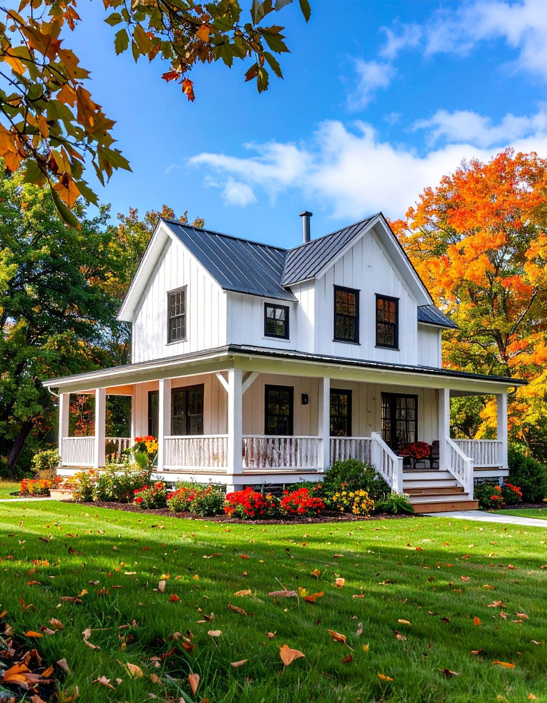 White Farmhouse with Black Windows and Exposed Beam Details - 25 White Farmhouse With Black Windows Ideas