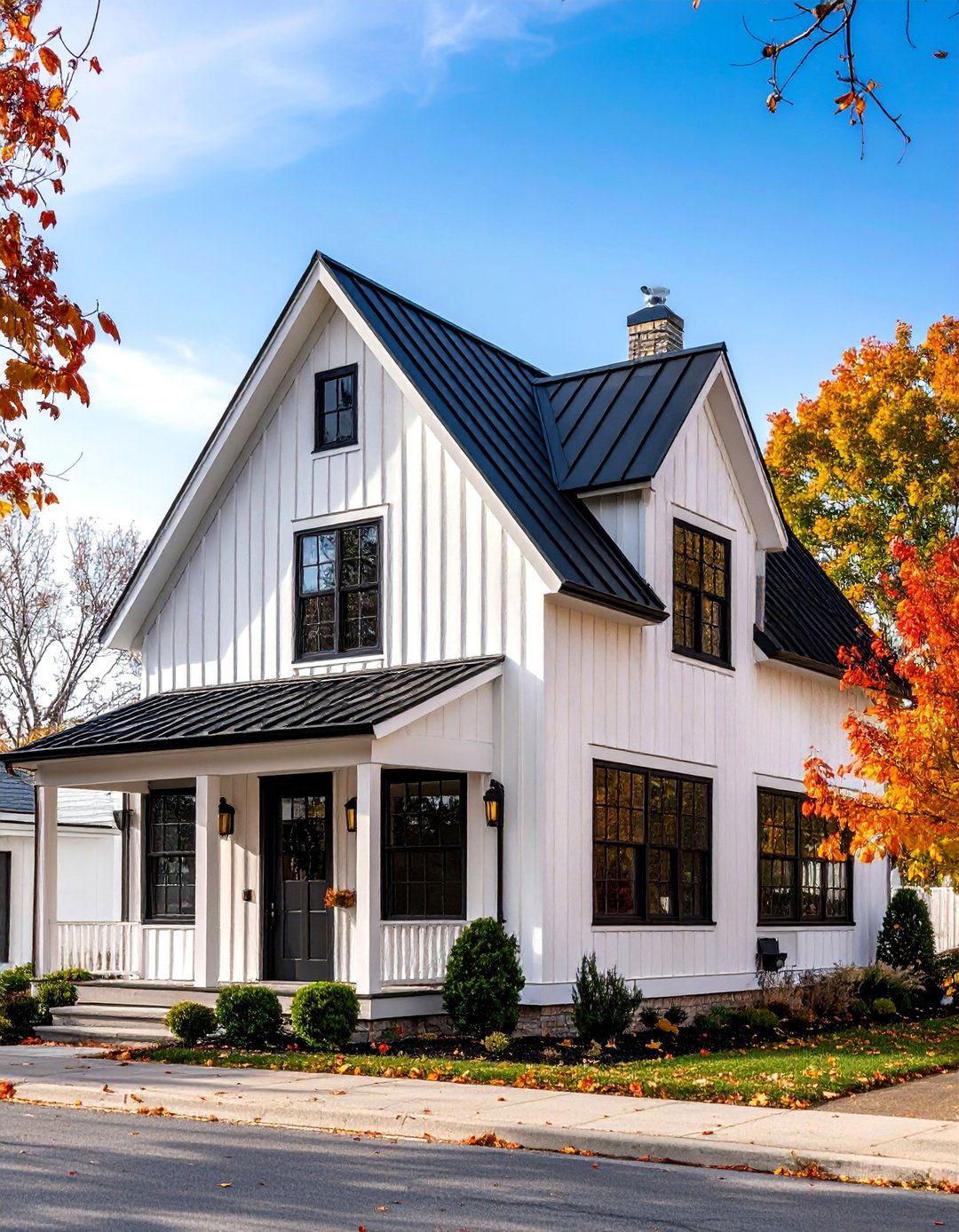 White Farmhouse with Black Windows and Gable End Details - 25 White Farmhouse With Black Windows Ideas
