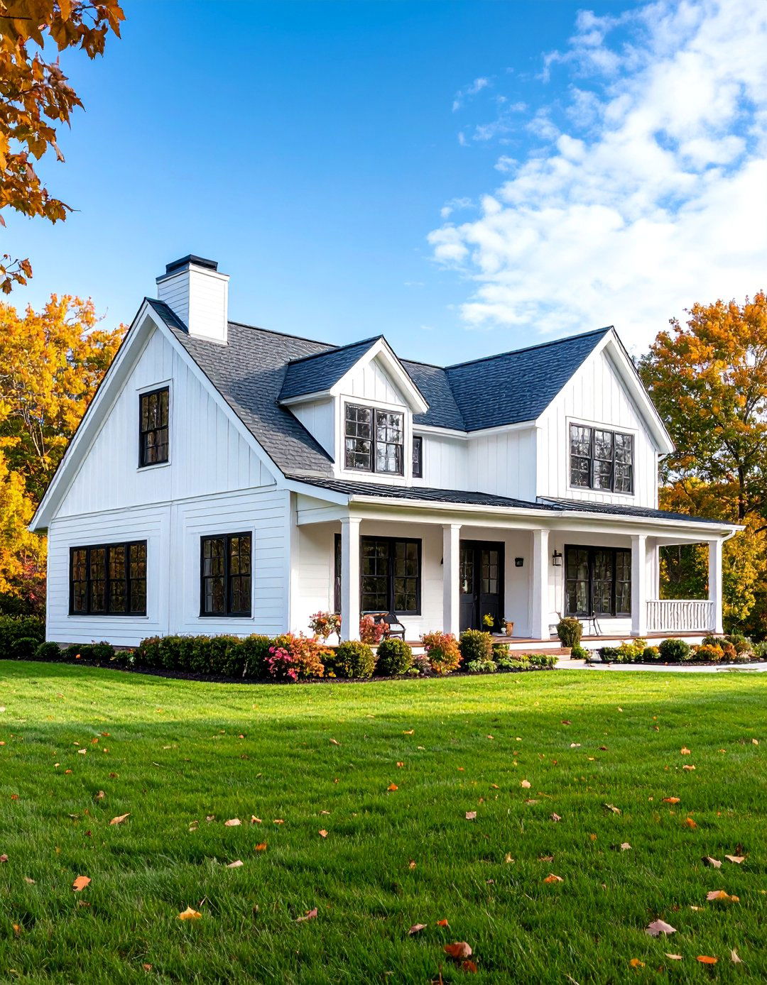 White Farmhouse with Black Windows and L Shaped Layout - 25 White Farmhouse With Black Windows Ideas