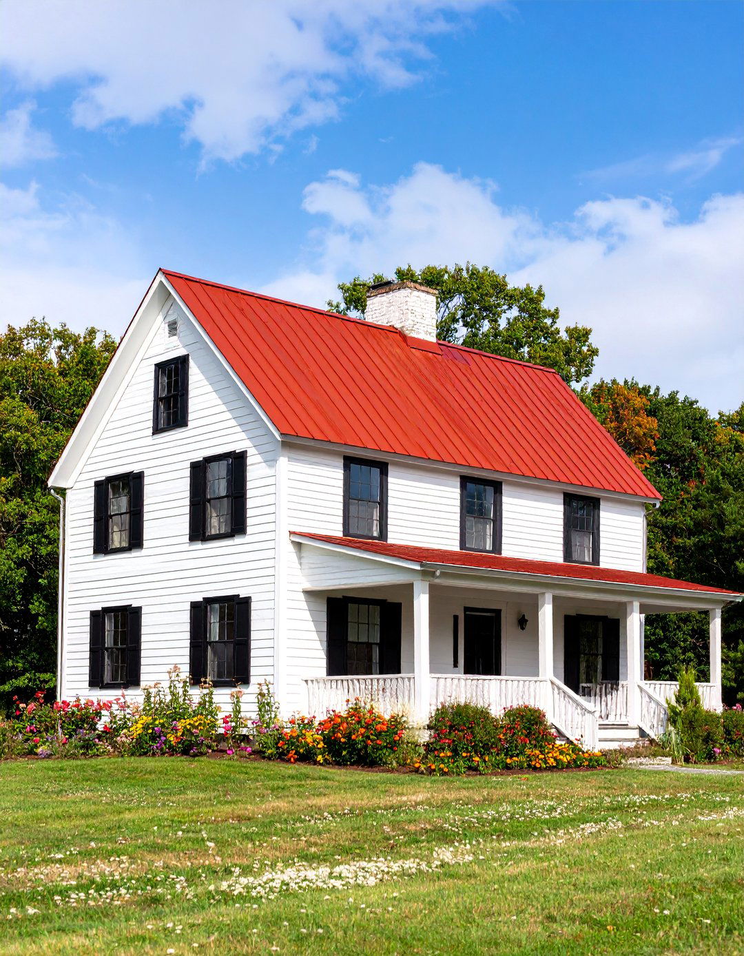 White Farmhouse with Black Windows and Red Metal Roof - 25 White Farmhouse With Black Windows Ideas