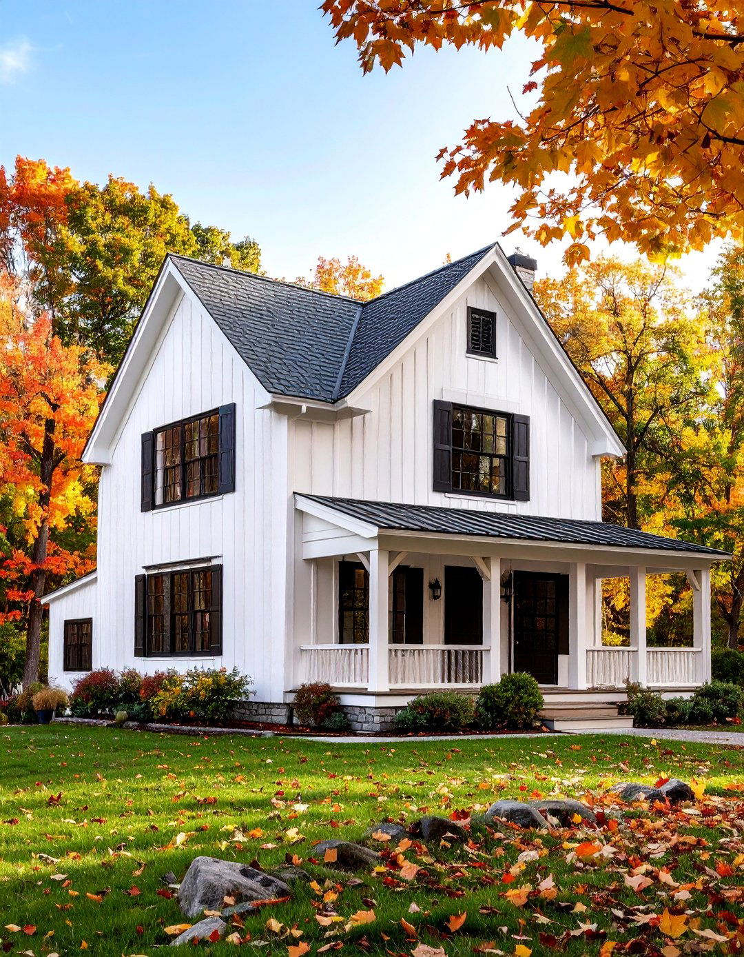 White Farmhouse with Black Windows and Timber Frame Accents - 25 White Farmhouse With Black Windows Ideas
