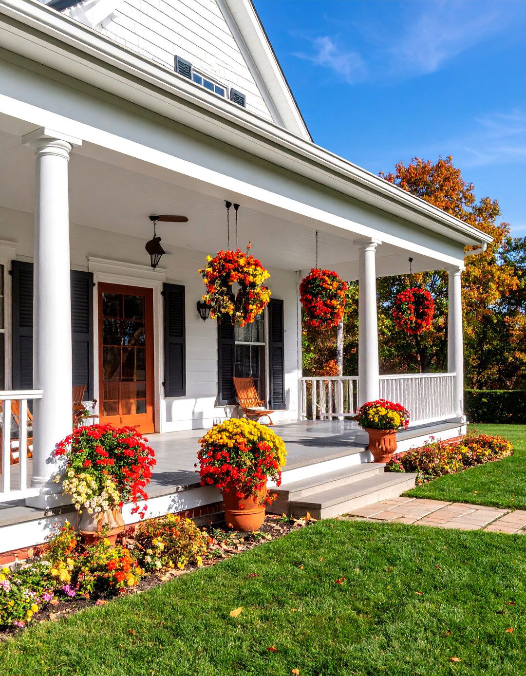 White Farmhouse with Brick Column Wrap Around Porch - 25 White Farmhouse With Wrap-around Porch Ideas