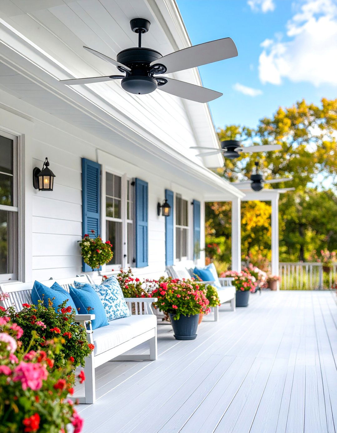 White Farmhouse with Ceiling Fan Focus and Comfort Optimized Wrap Around Porch - 25 White Farmhouse With Wrap-around Porch Ideas