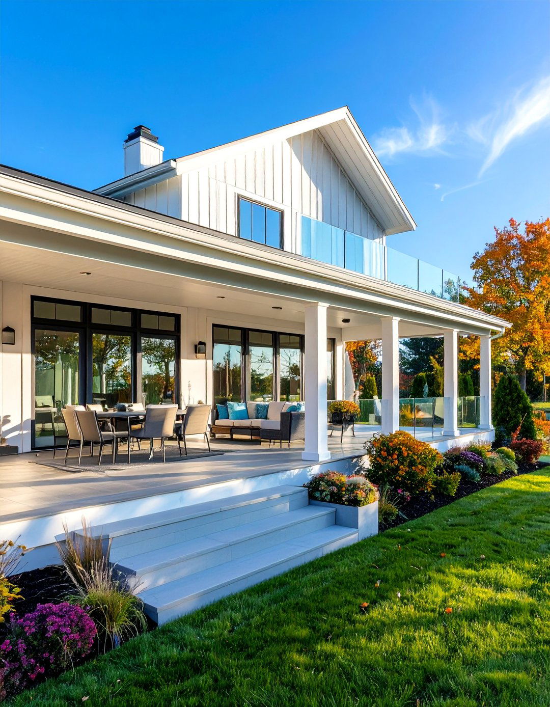 White Farmhouse with Contemporary Glass Panel Wrap Around Porch - 25 White Farmhouse With Wrap-around Porch Ideas