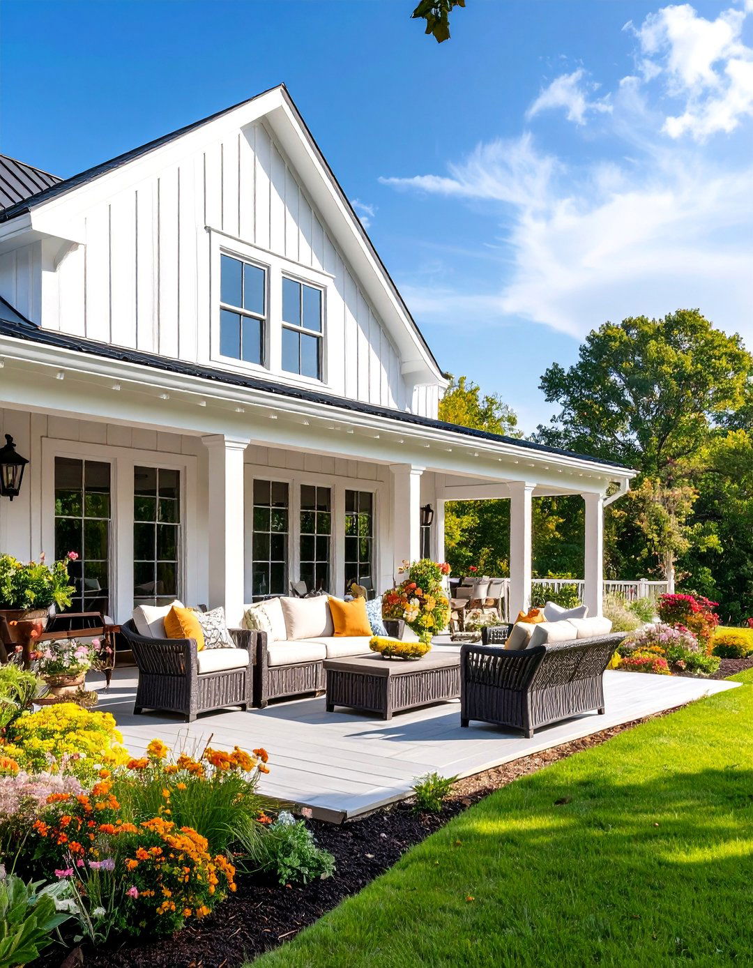 White Farmhouse with Enclosed Sunroom Extension on Wrap Around Porch - 25 White Farmhouse With Wrap-around Porch Ideas