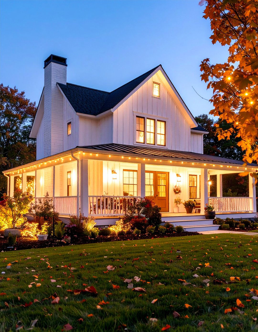 White Farmhouse with Lighting Design Focus and Evening Optimized Wrap Around Porch - 25 White Farmhouse With Wrap-around Porch Ideas