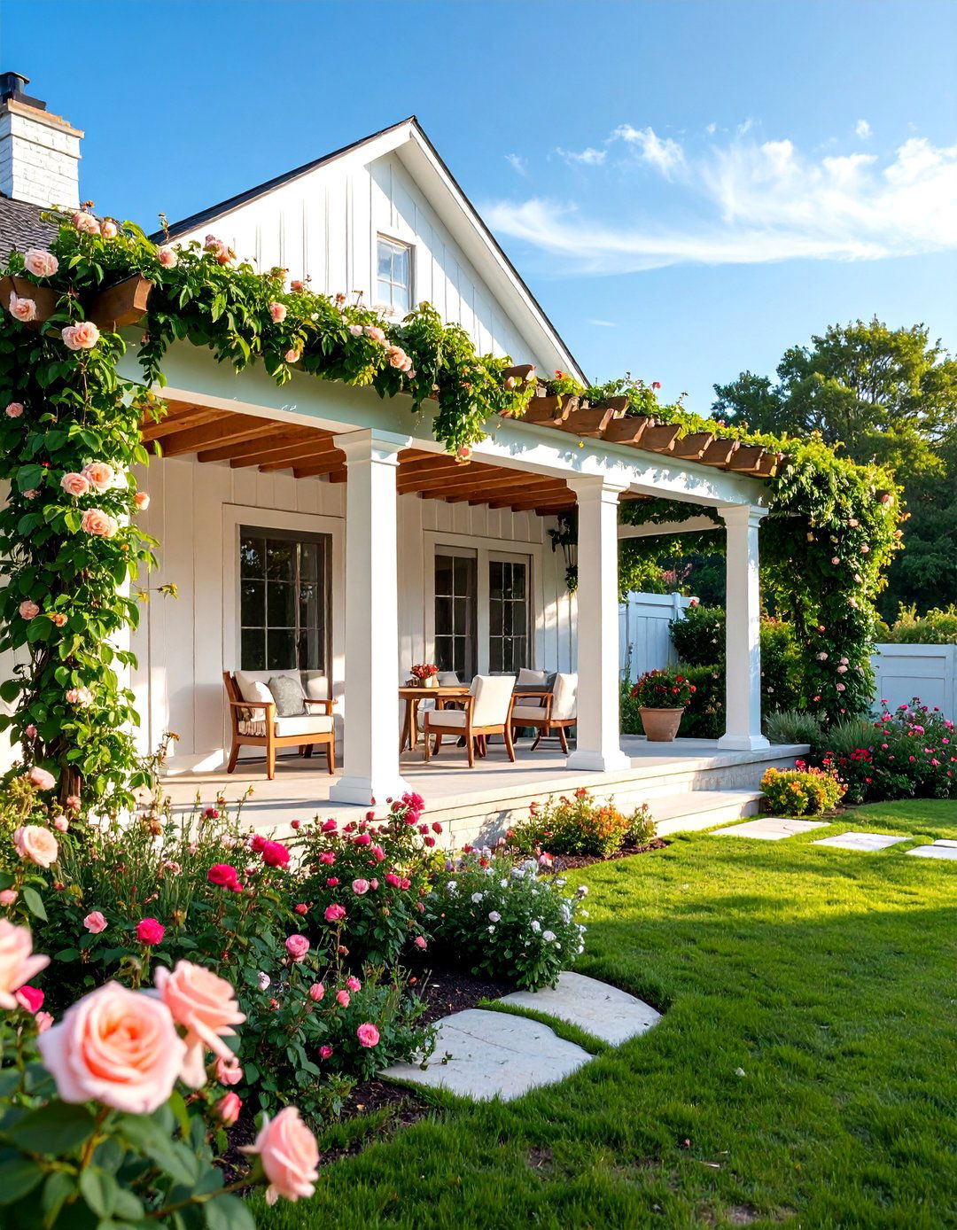 White Farmhouse with Pergola Integration and Climbing Vine Wrap Around Porch - 25 White Farmhouse With Wrap-around Porch Ideas