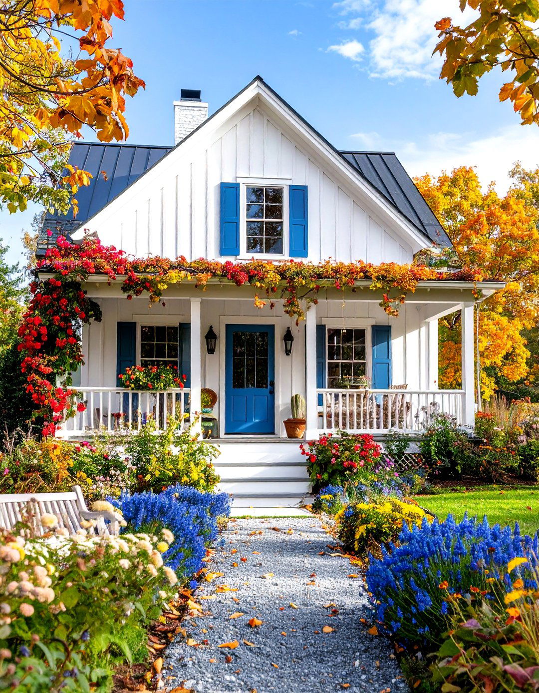 White Farmhouse with Privacy Screen Integration and Intimate Wrap Around Porch - 25 White Farmhouse With Wrap-around Porch Ideas