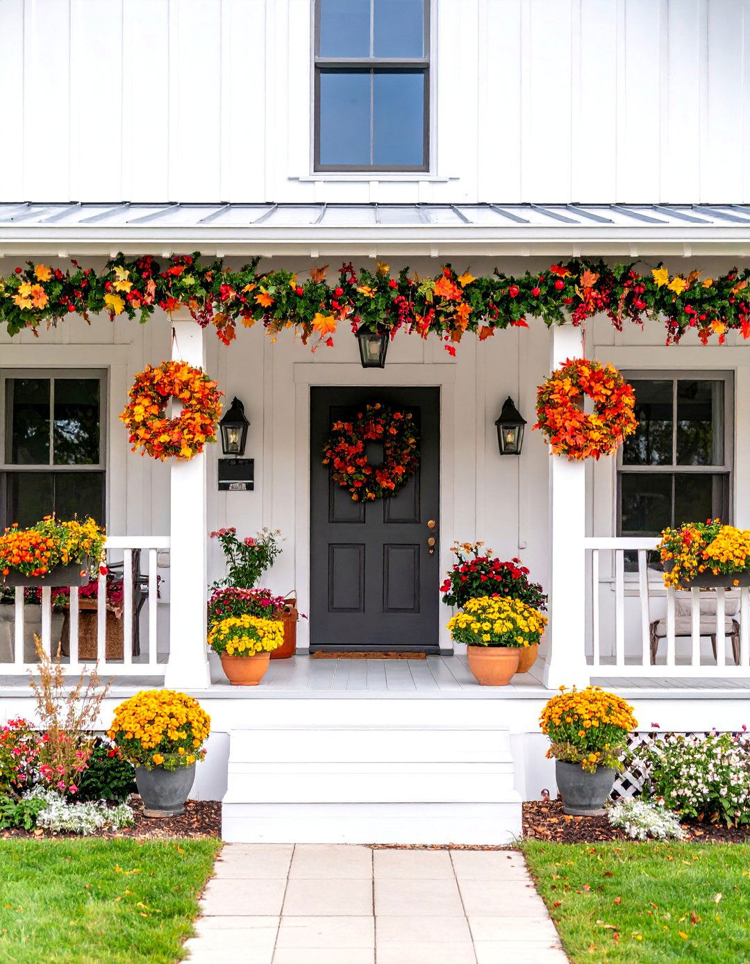 White Farmhouse with Seasonal Decoration Integration and Festive Wrap Around Porch - 25 White Farmhouse With Wrap-around Porch Ideas