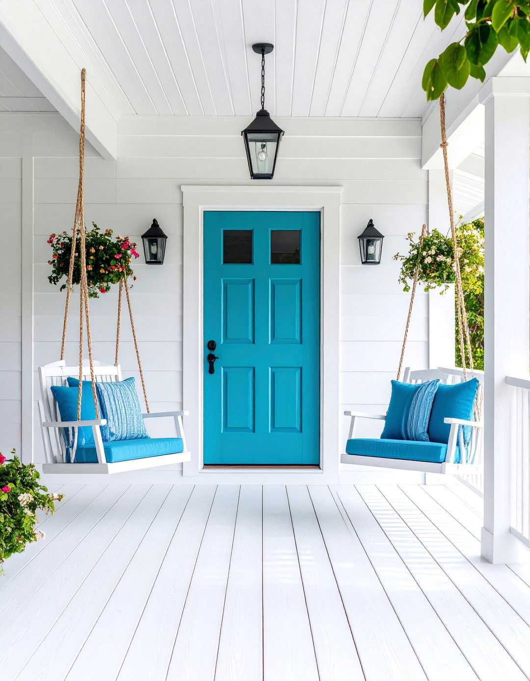 White Farmhouse with Turquoise Door and Coastal Wrap Around Porch - 25 White Farmhouse With Wrap-around Porch Ideas