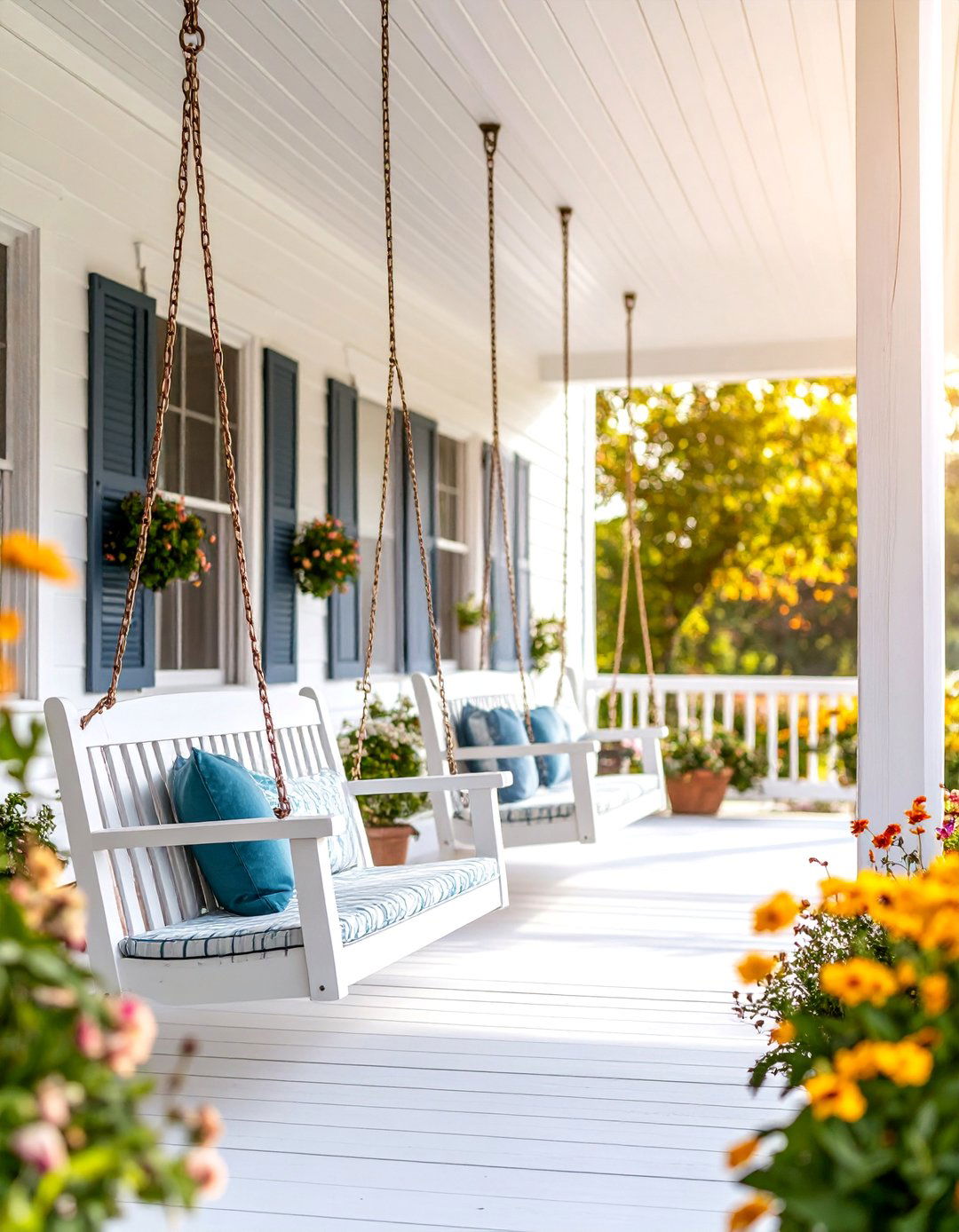White Farmhouse with Vintage Porch Swing Focus and Cozy Wrap Around Design - 25 White Farmhouse With Wrap-around Porch Ideas