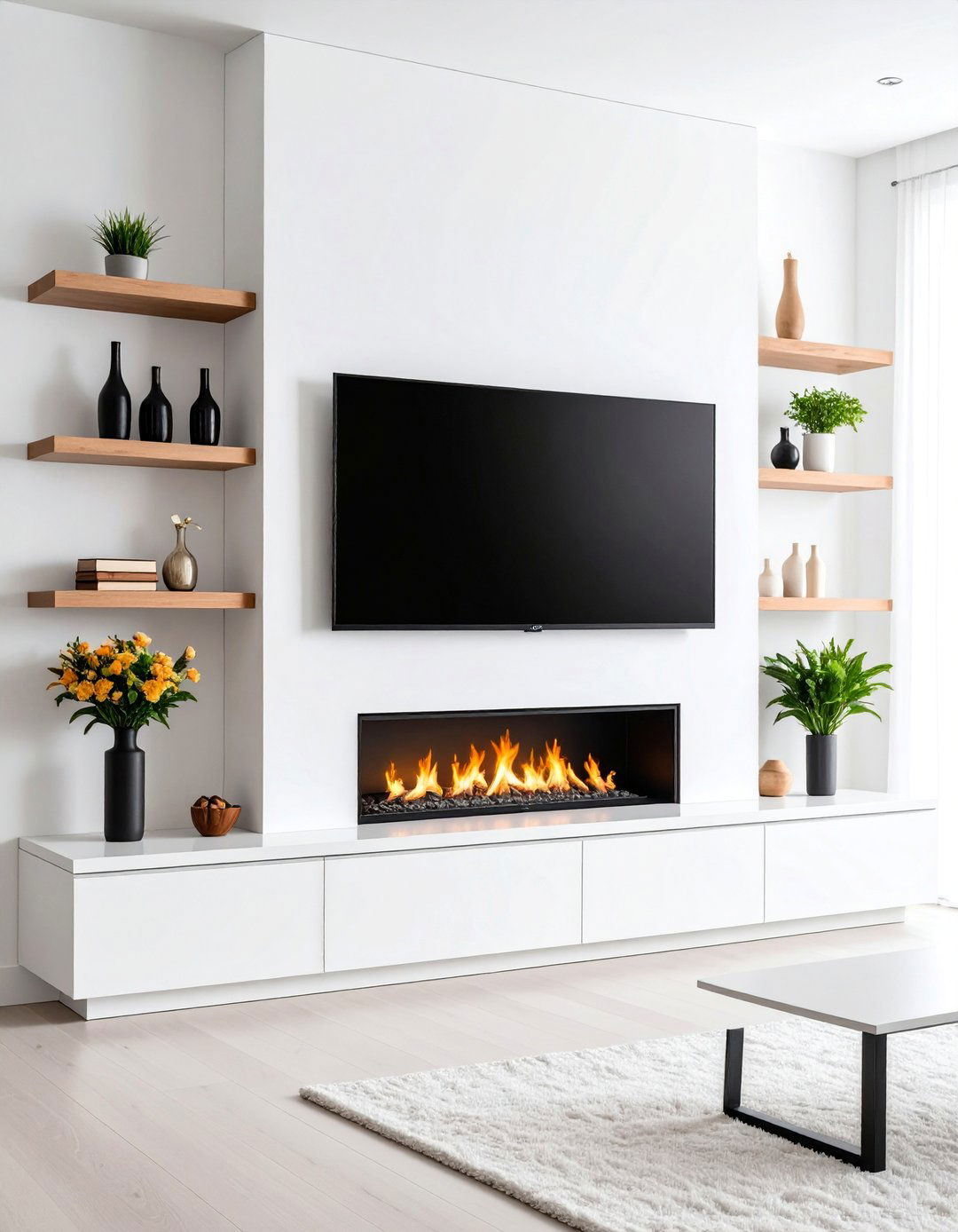 White Fireplace Wall with Mounted Television Above - 25 White Fireplace Ideas