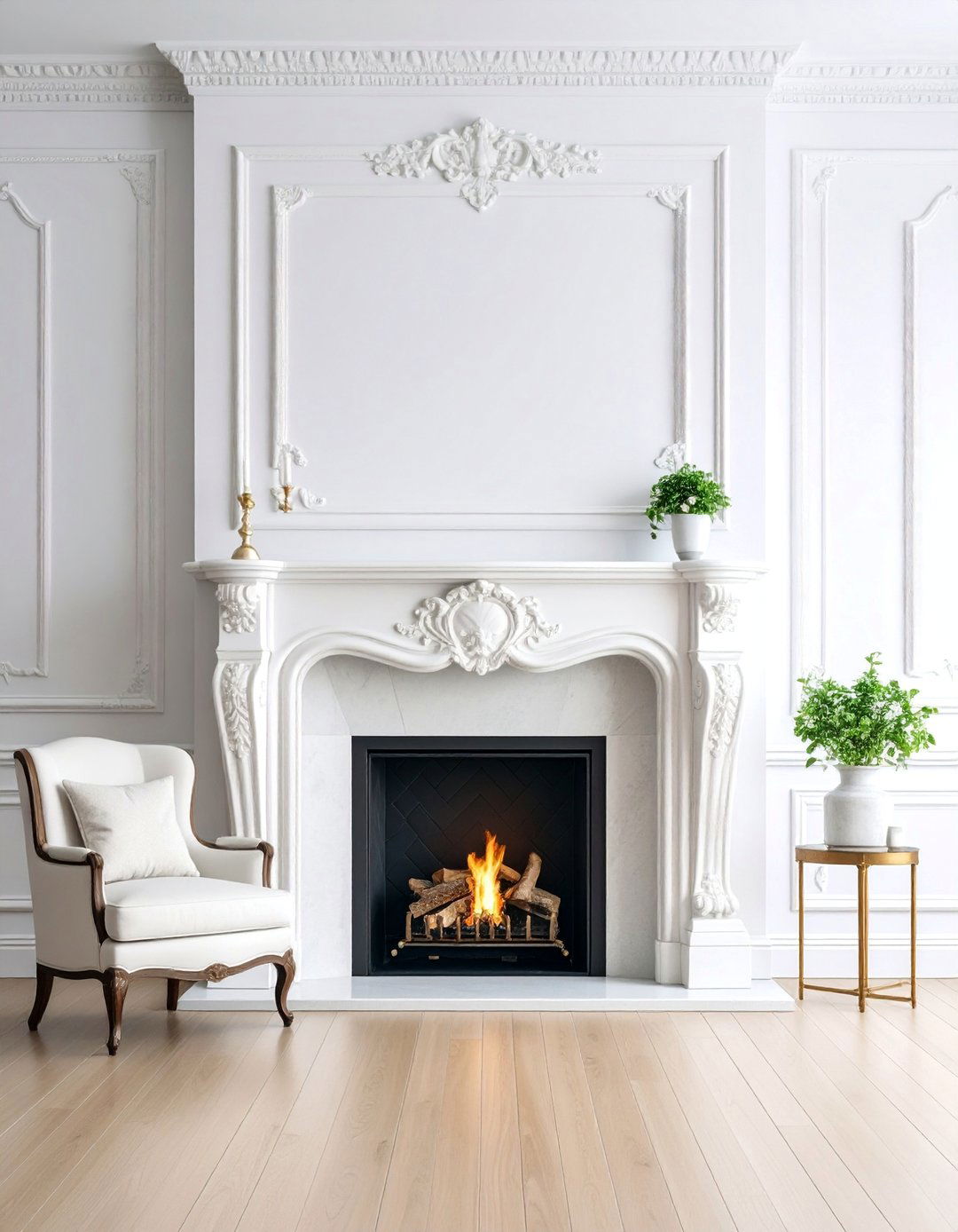 White Fireplace with Ornate Decorative Crown Molding - 25 White Fireplace Ideas