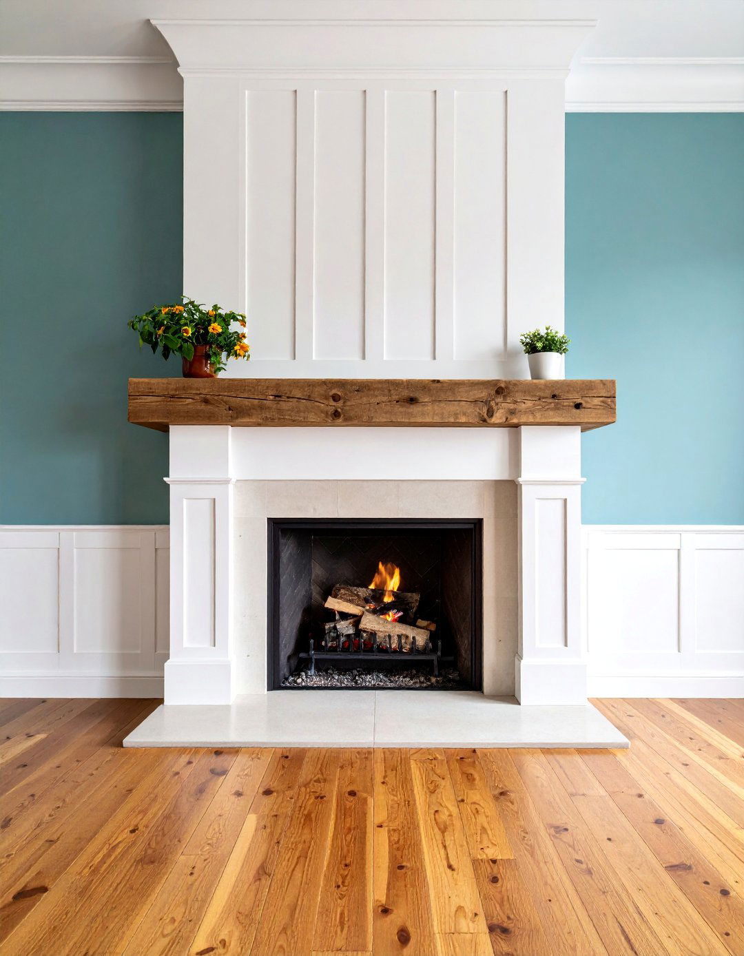 White Fireplace with Reclaimed Wood Beam Mantel Accent - 25 White Fireplace Ideas