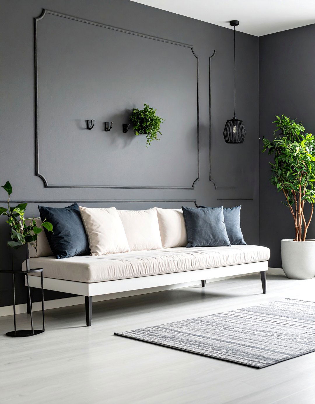 White Floating Bench with Black Wall Hooks - 25 Black and White Entryway Design Ideas
