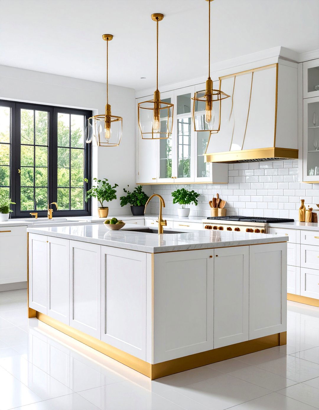 White Glass Brick with Gold Mortar Lines - 25 White and Gold Kitchen Backsplash Ideas