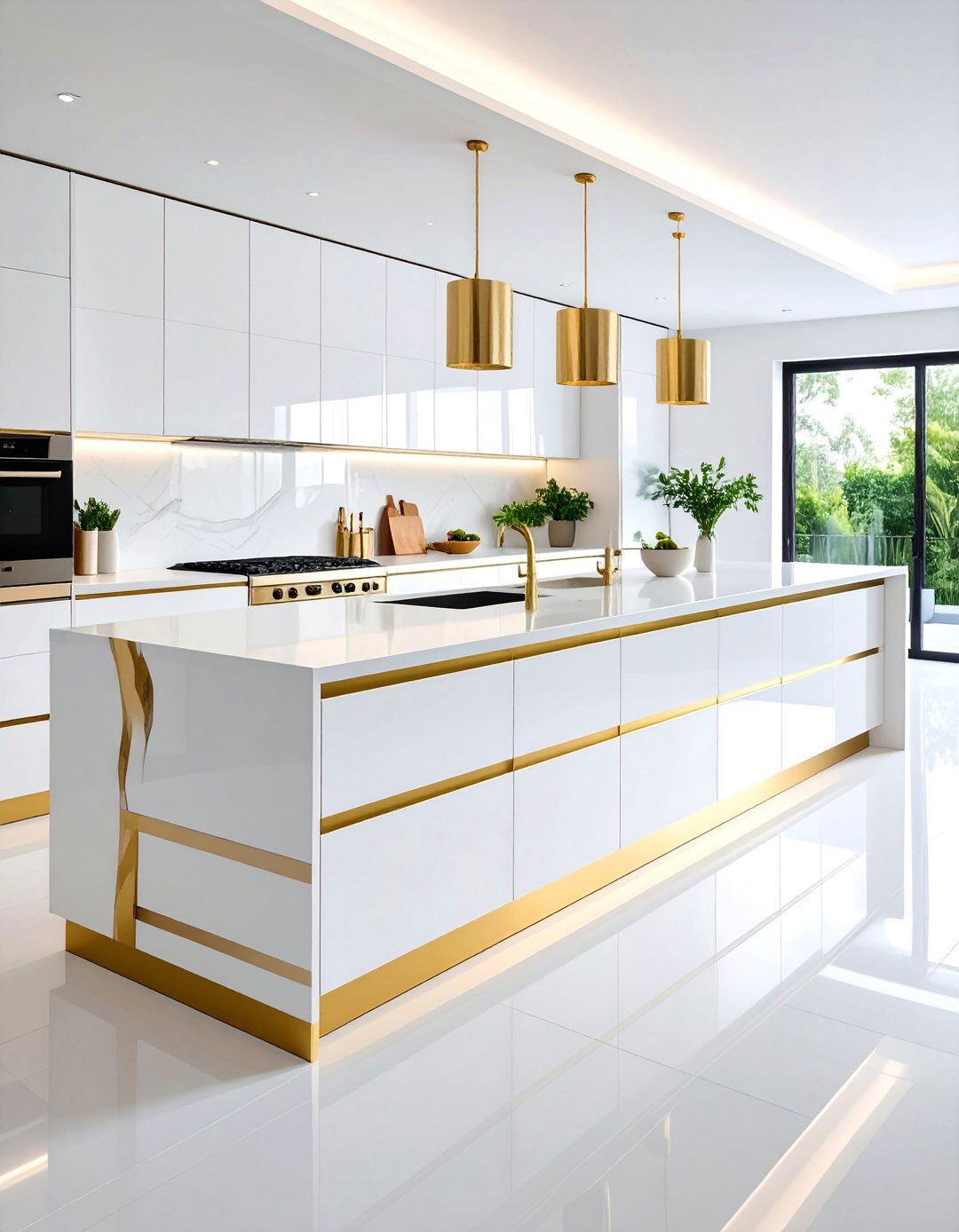 White Glass Linear with Gold Metal Strips - 25 White and Gold Kitchen Backsplash Ideas