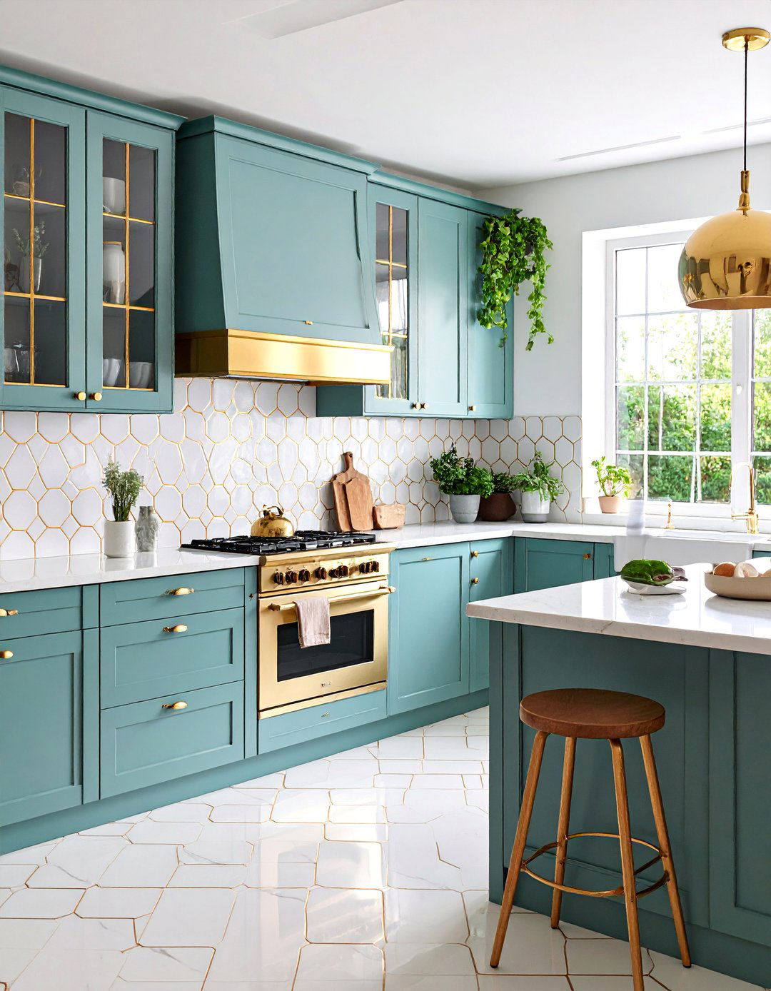 White Glass Penny Tiles with Gold Grout - 25 White and Gold Kitchen Backsplash Ideas