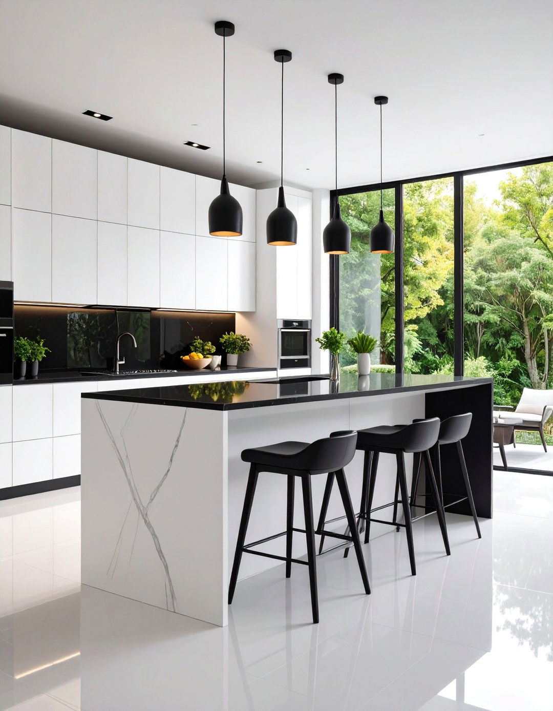 White Kitchen Island with Black Waterfall Countertop - 25 white kitchen with black countertops ideas