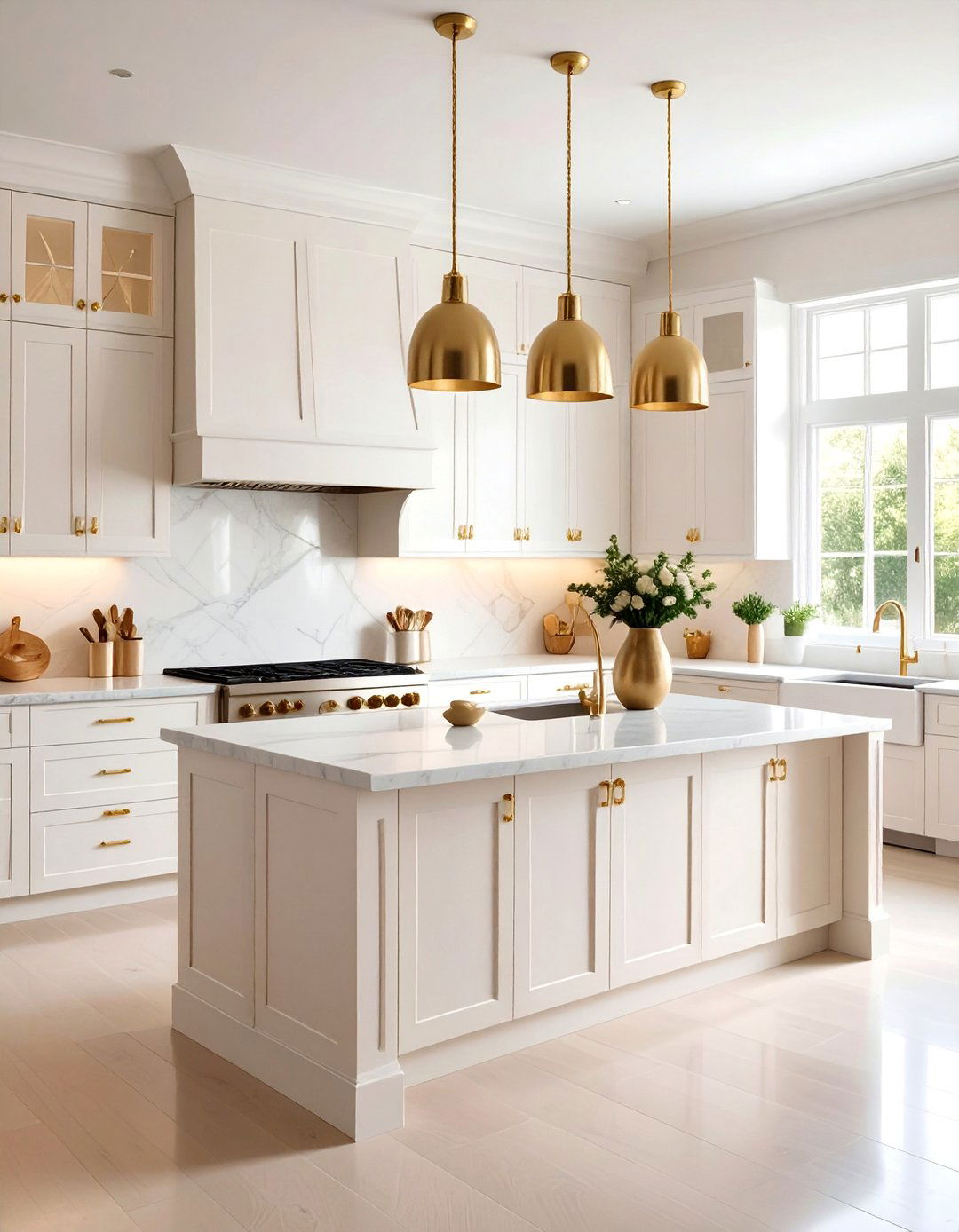White Kitchen with Brass Hardware and Warm Accents - 25 White Kitchen with Stainless Steel Appliances Ideas