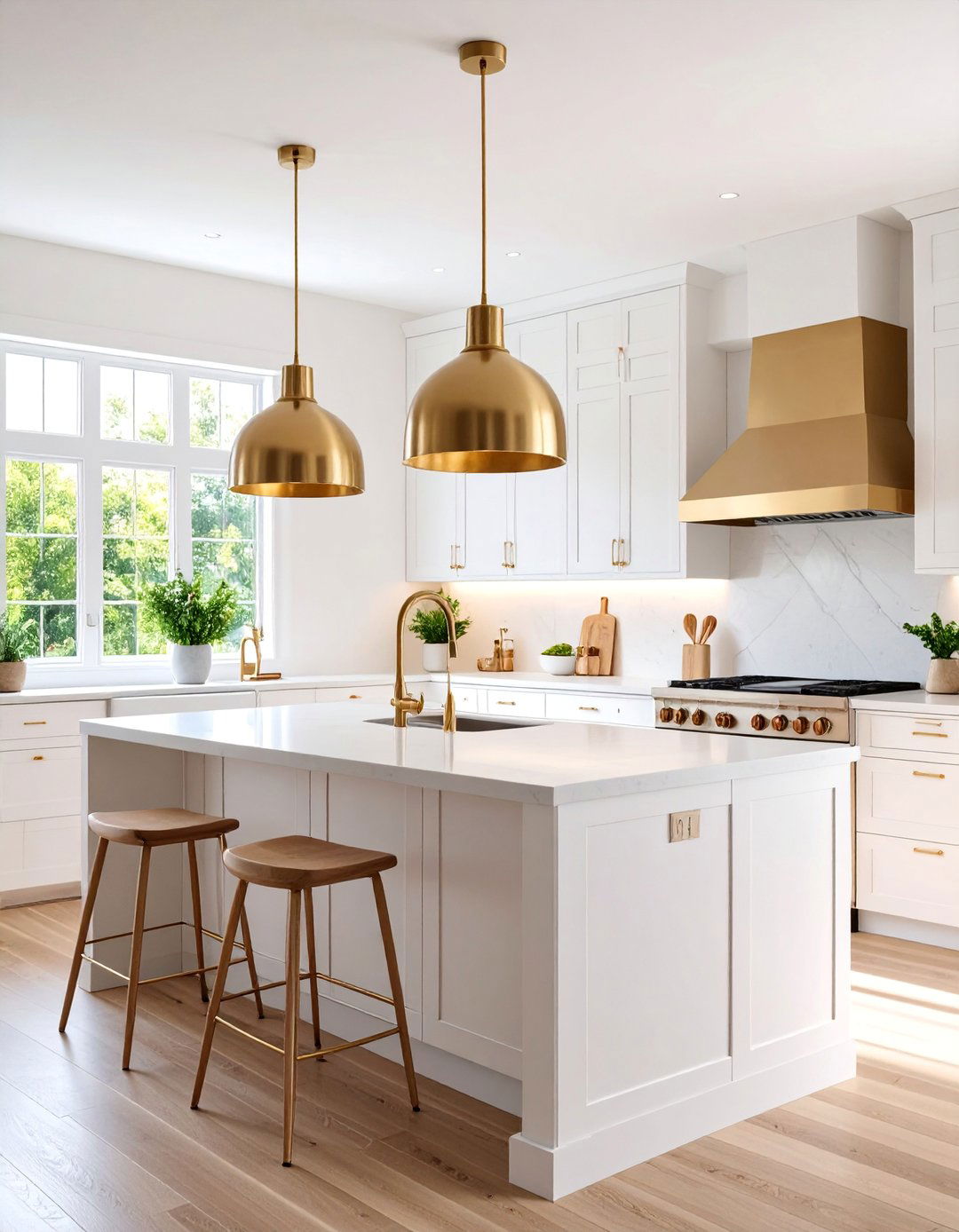 White Kitchen with Brass Pendant Light Trio - 25 Small White Kitchen Ideas