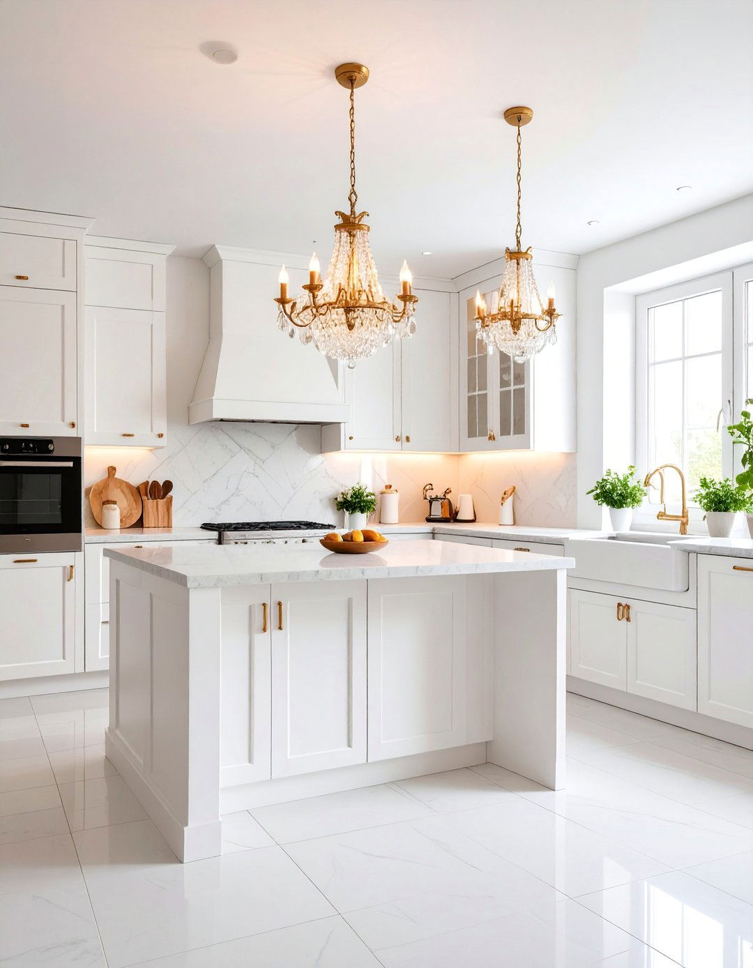 White Kitchen with Crystal Mini Chandelier - 25 Small White Kitchen Ideas