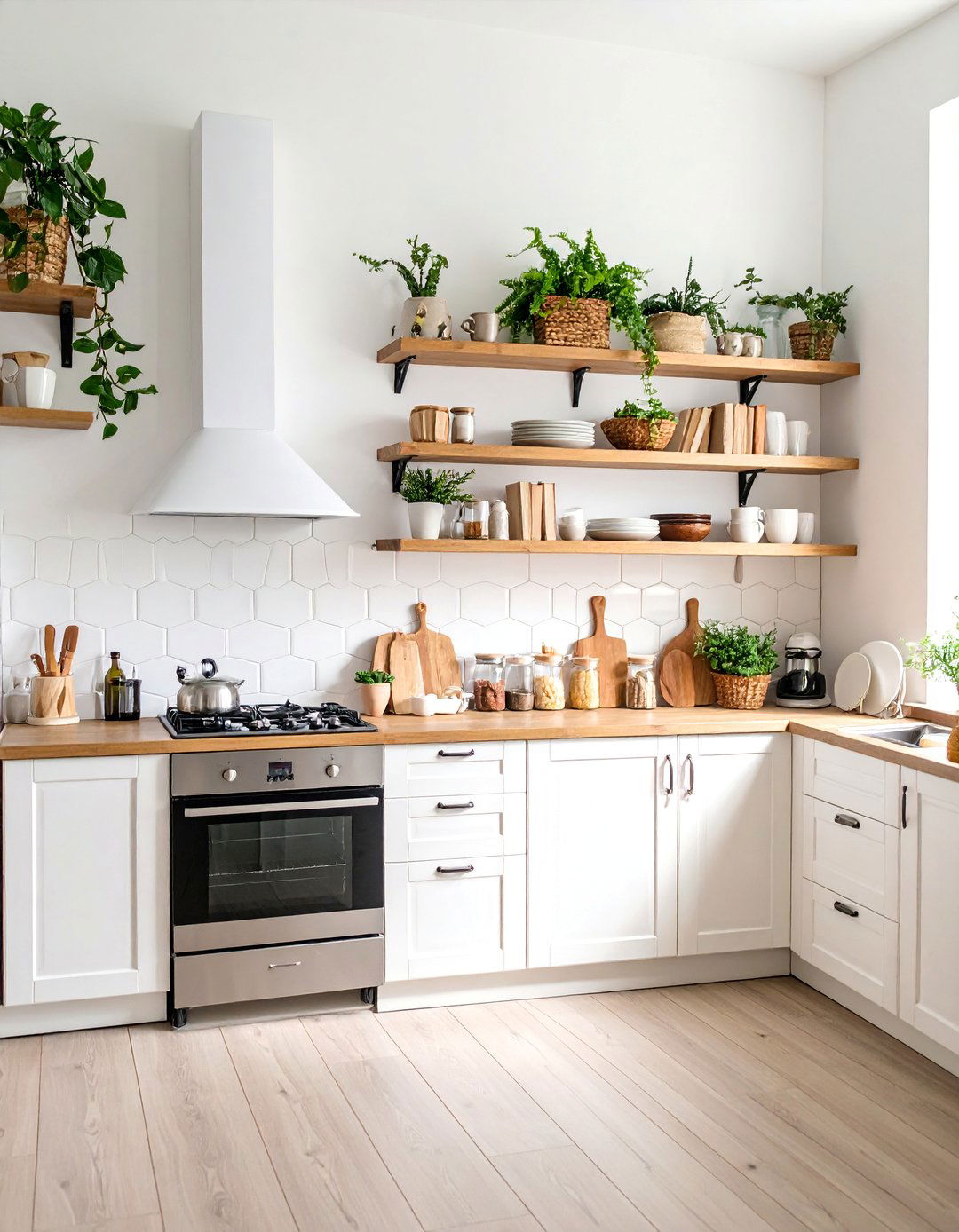 White Kitchen with Floating Shelves and Open Storage - 25 White Kitchen with Stainless Steel Appliances Ideas