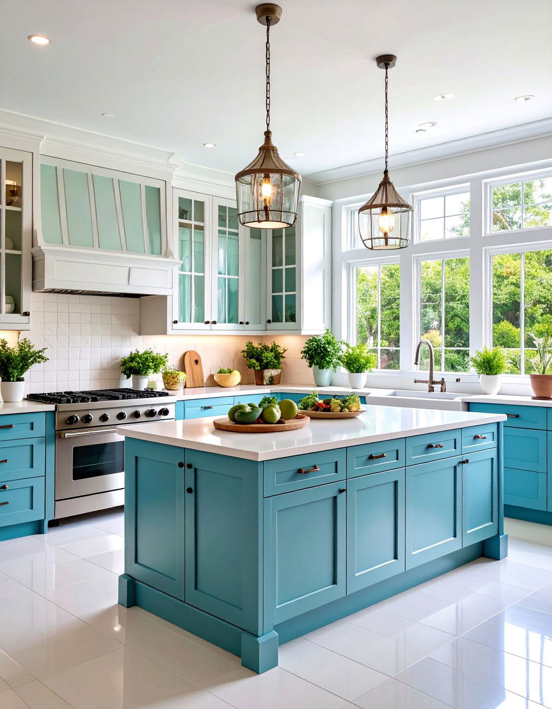 White Kitchen with Glass Front Upper Cabinets - 25 White Kitchen with Stainless Steel Appliances Ideas