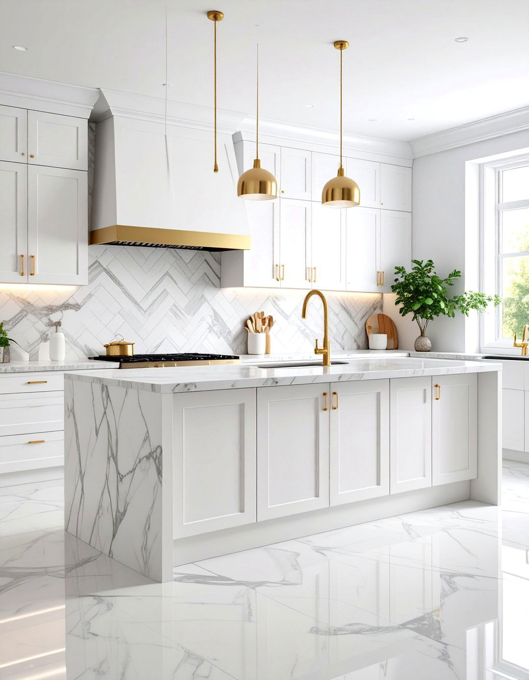 White Kitchen with Herringbone Marble Backsplash - 25 White Kitchen Ideas