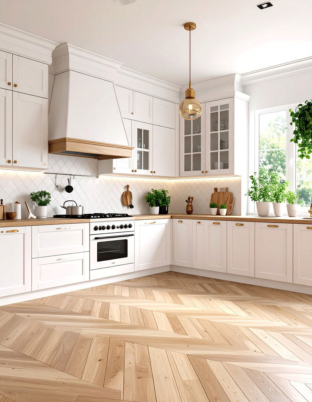 White Kitchen with Herringbone Wood Flooring - 25 Small White Kitchen Ideas