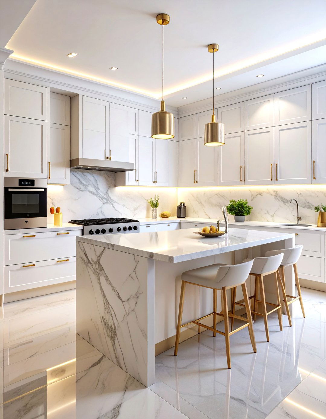White Kitchen with Marble Slab Backsplash - 25 White Kitchen with Stainless Steel Appliances Ideas