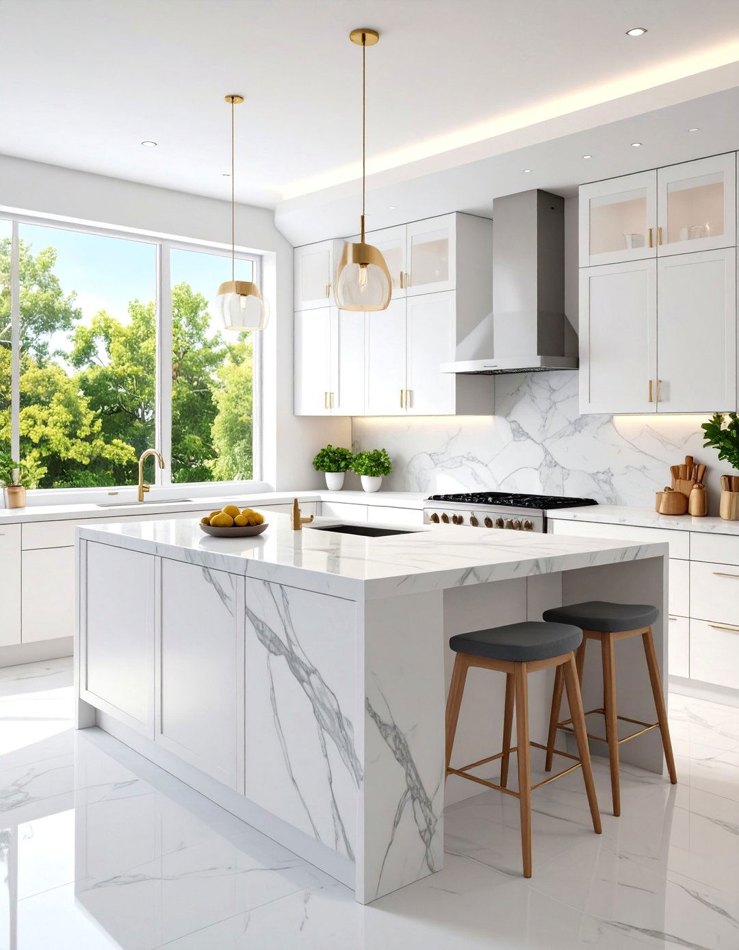 White Kitchen with Marble Waterfall Island Countertop - 25 Small White Kitchen Ideas