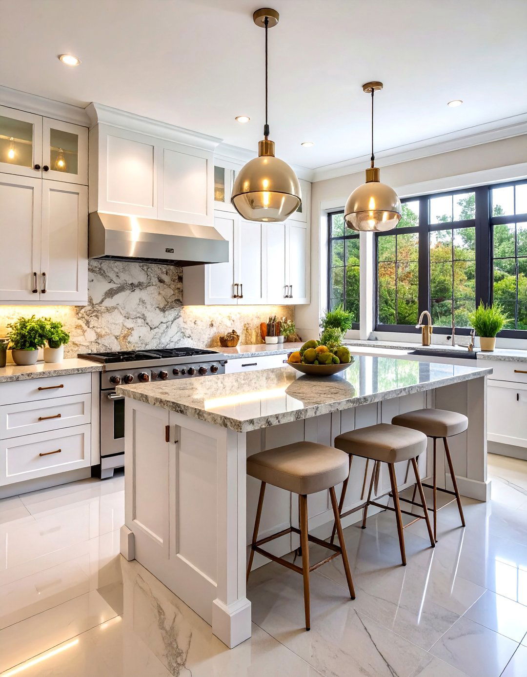 White Kitchen with Natural Stone Countertops - 25 White Kitchen with Stainless Steel Appliances Ideas