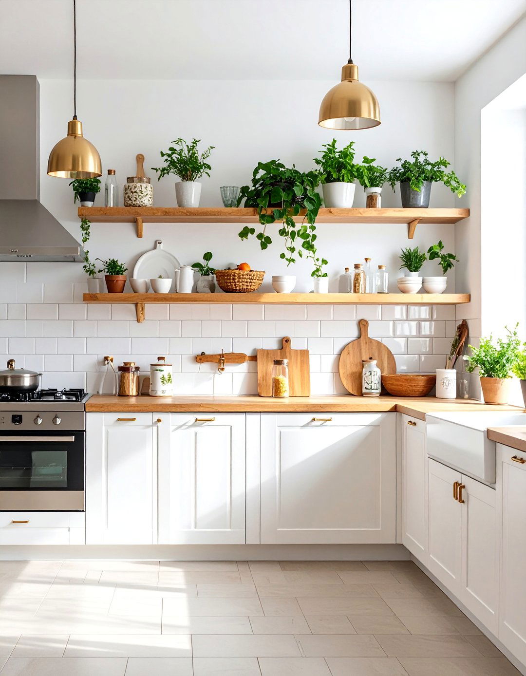 White Kitchen with Natural Wood Floating Shelves - 25 White Kitchen Ideas