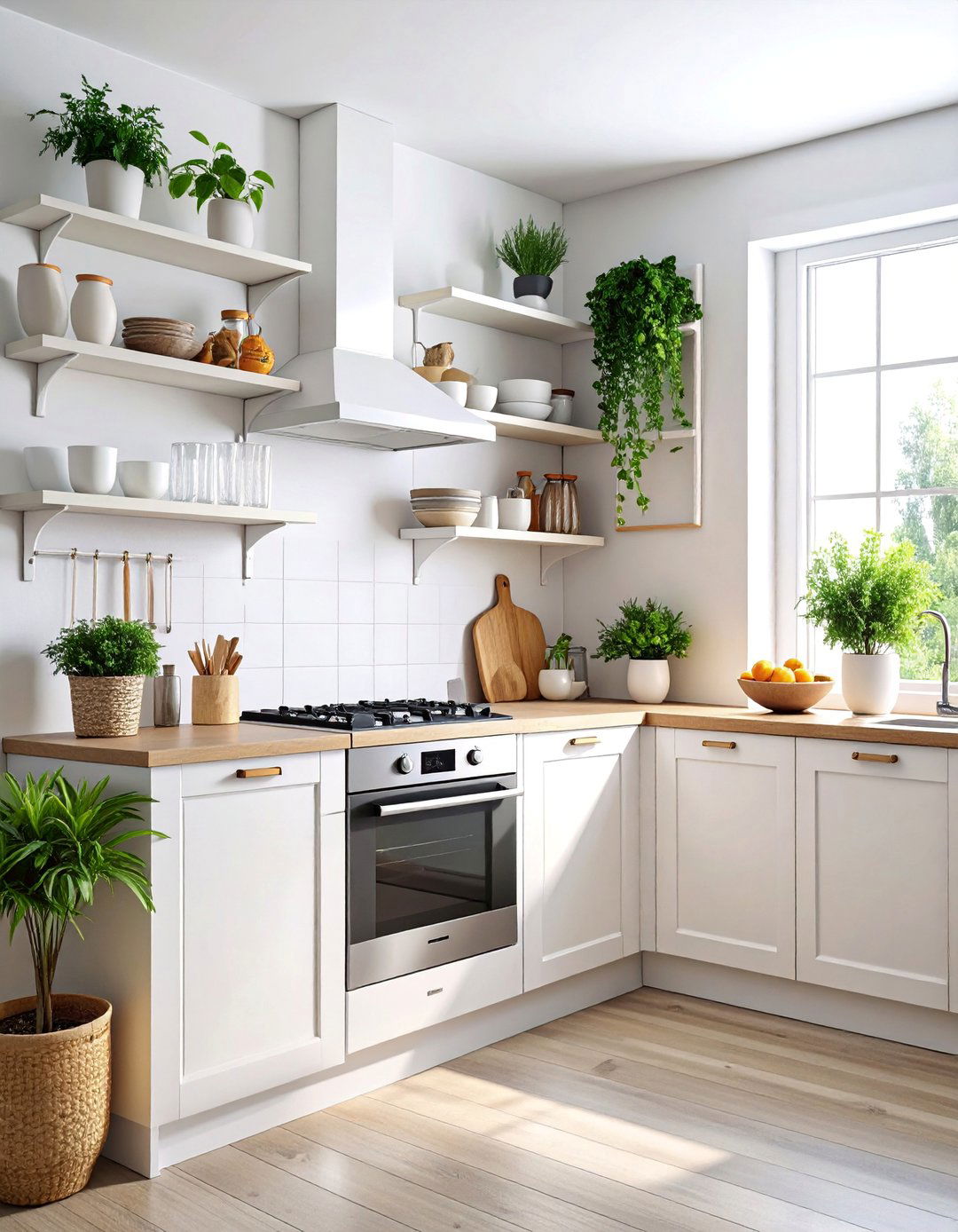 White Kitchen with Open Corner Shelving Display - 25 Small White Kitchen Ideas