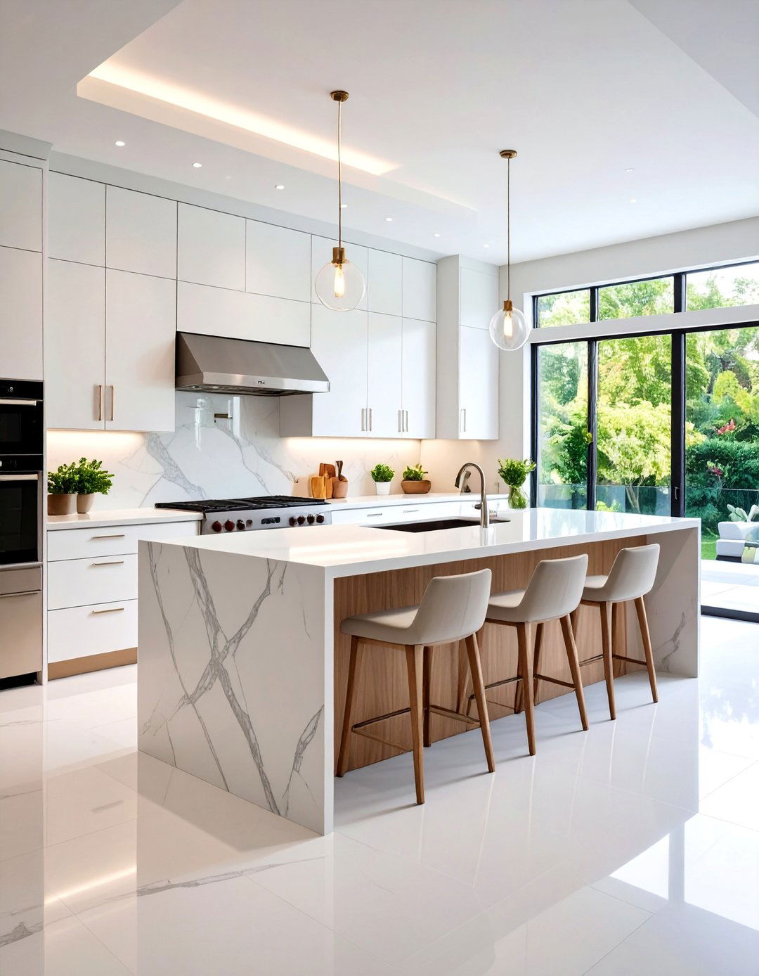 White Kitchen with Quartz Waterfall Countertops - 25 White Kitchen Ideas