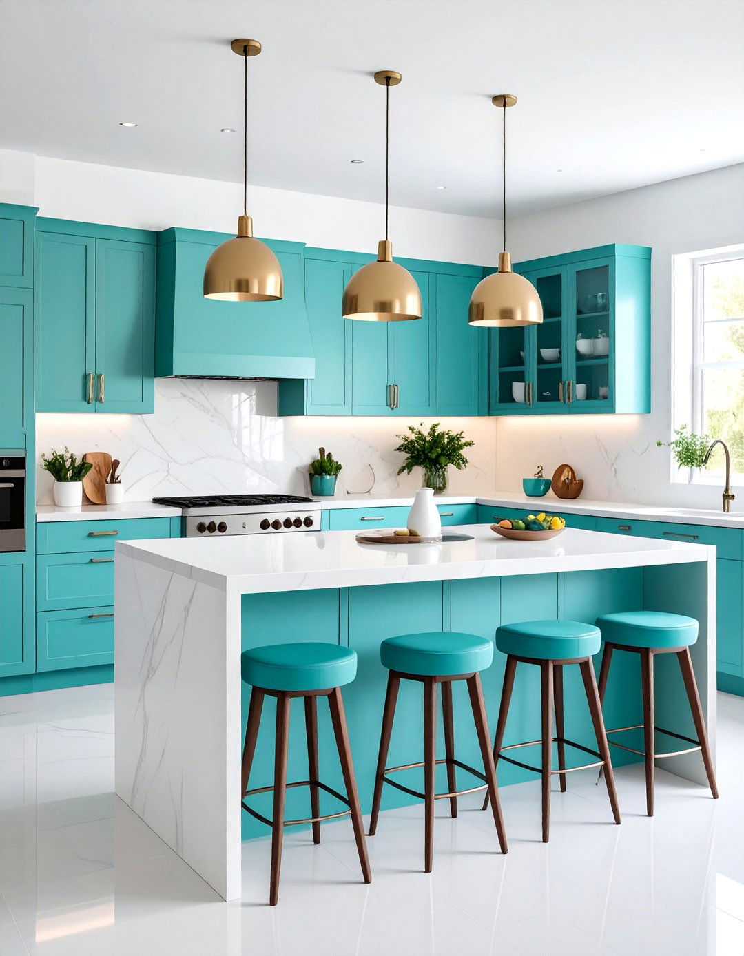 White Kitchen with Teal Hardware and Accessories - 25 Teal and White Kitchen Ideas
