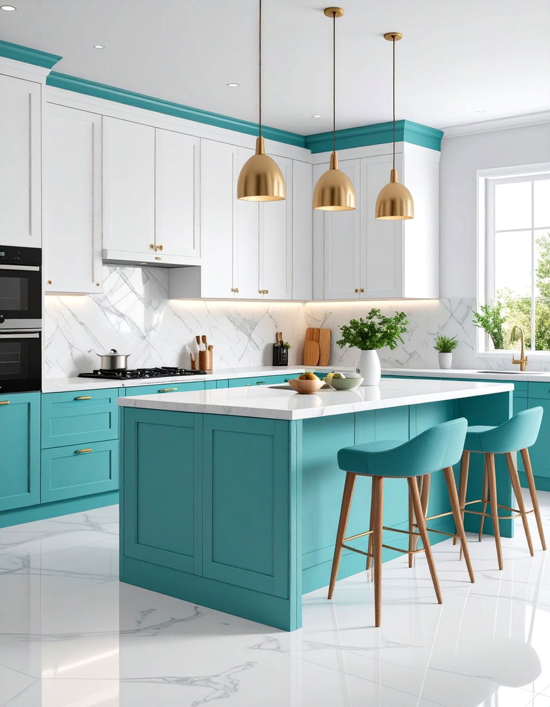 White Kitchen with Teal Toe Kick Accents - 25 Teal and White Kitchen Ideas