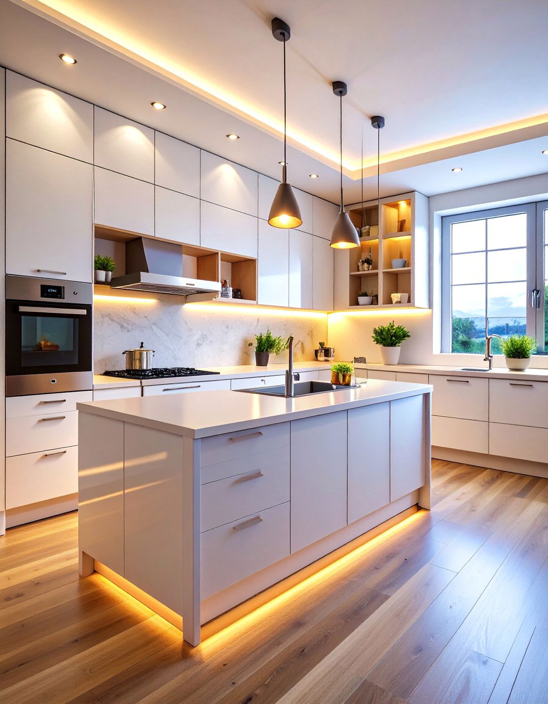 White Kitchen with Under Cabinet Lighting System - 25 White Kitchen with Stainless Steel Appliances Ideas