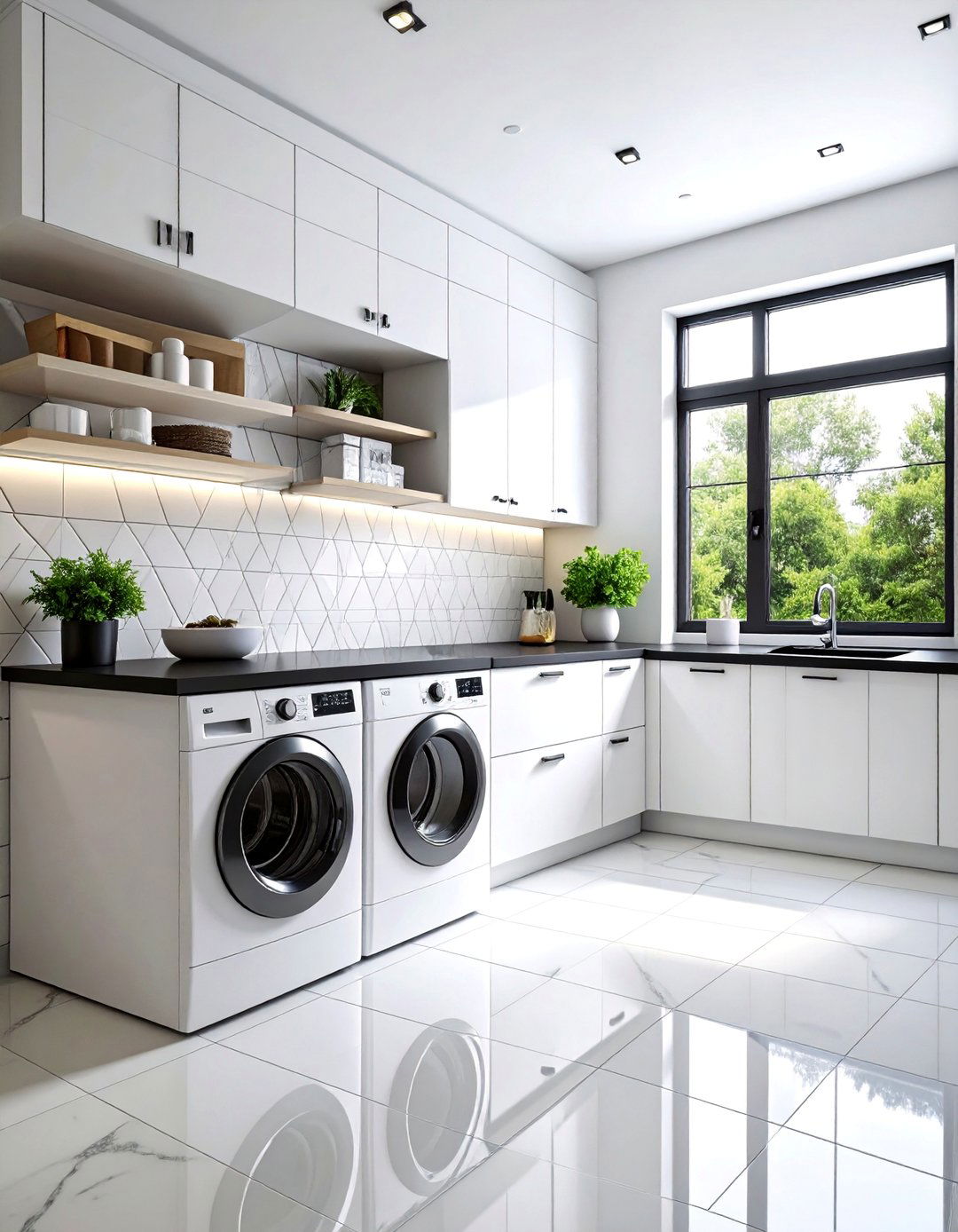 White Laundry Room with Dramatic Black Contrasts - 25 White Laundry Room Ideas