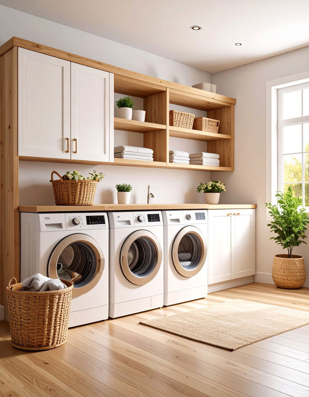 White Laundry Room with Natural Wood Warmth - 25 White Laundry Room Ideas