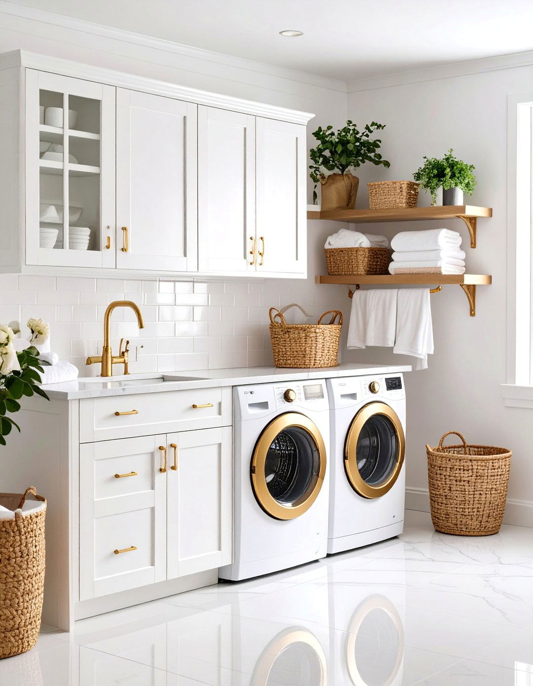 White Laundry Room with Warm Brass Hardware - 25 White Laundry Room Ideas