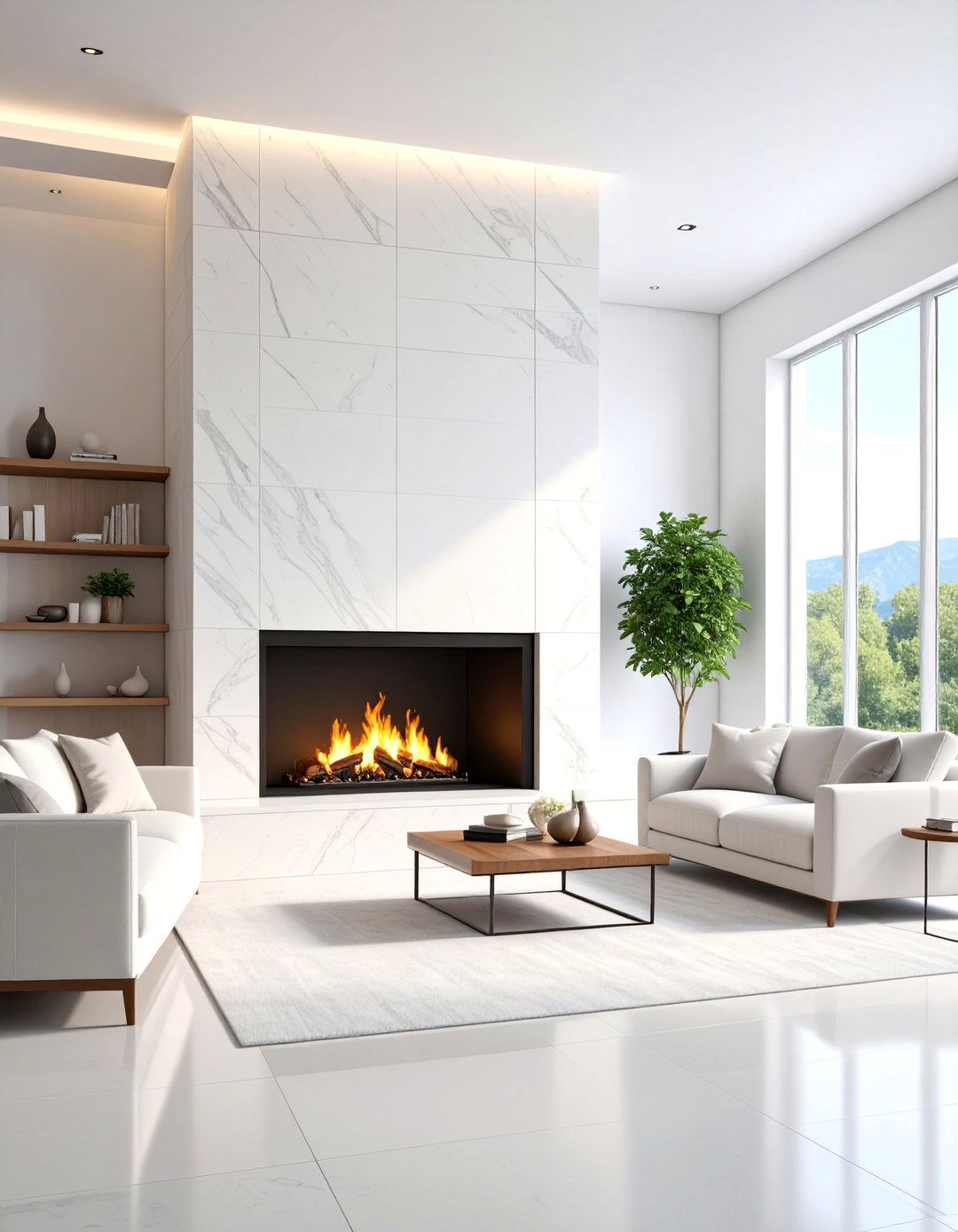 White Limestone Fireplace with Modern Minimalist Design - 25 Floor to Ceiling Stone Fireplace Ideas