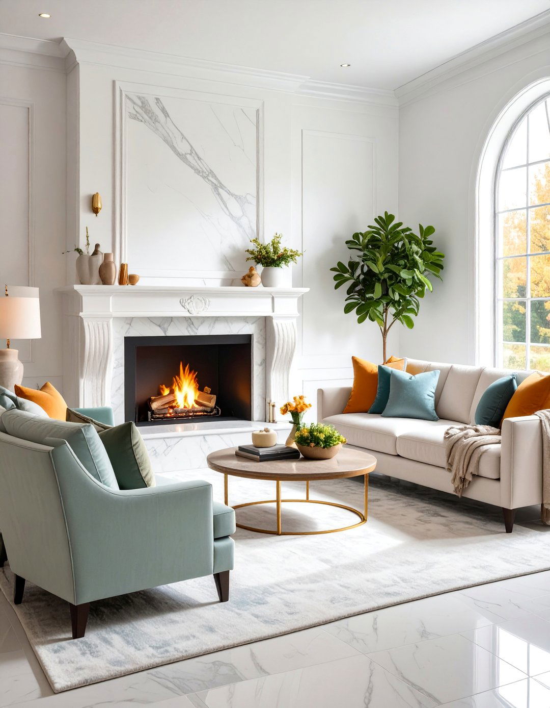 White Living Room with Fireplace as Focal Point - 25 White Living Room Ideas