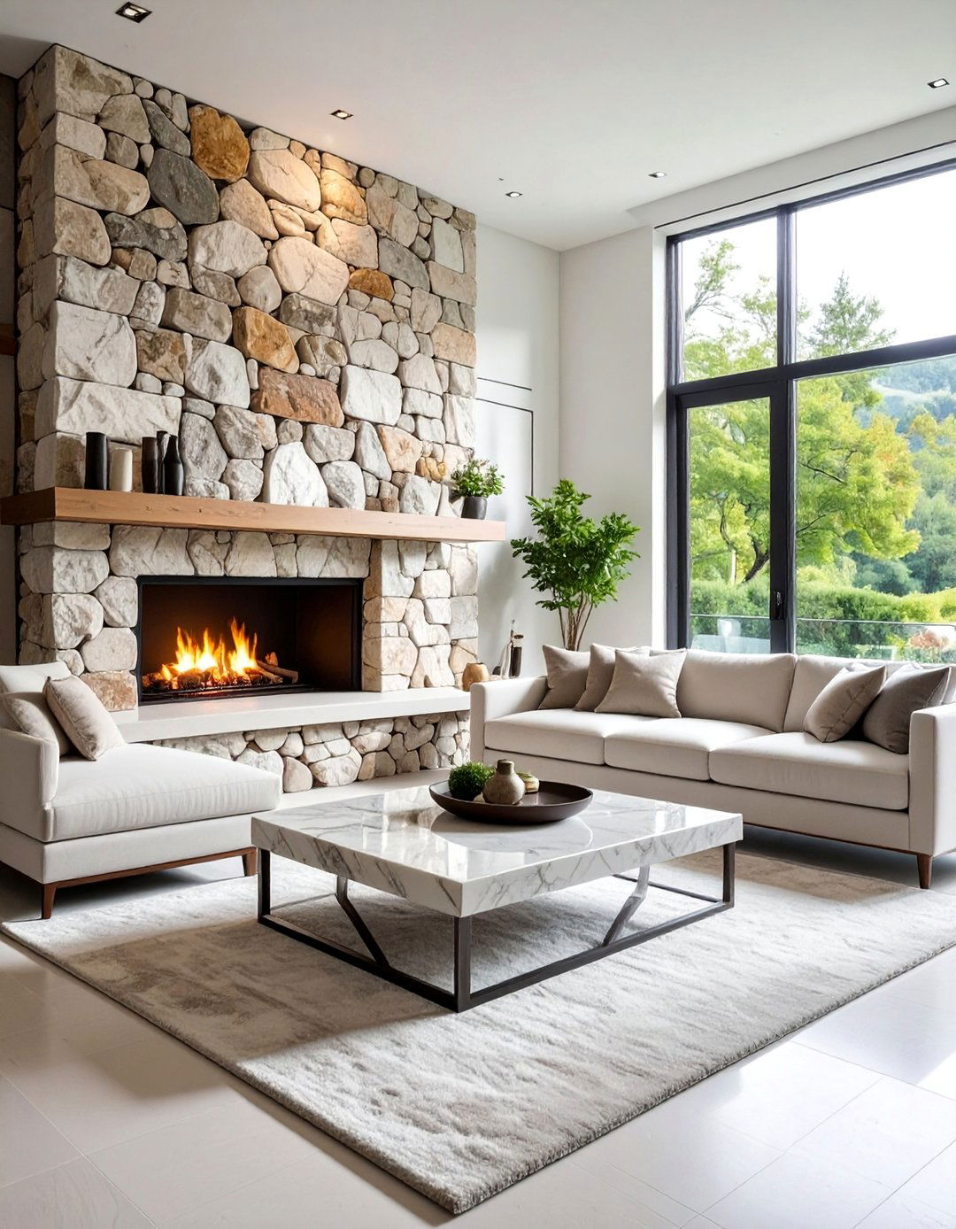 White Living Room with Natural Stone Features - 25 White Living Room Ideas