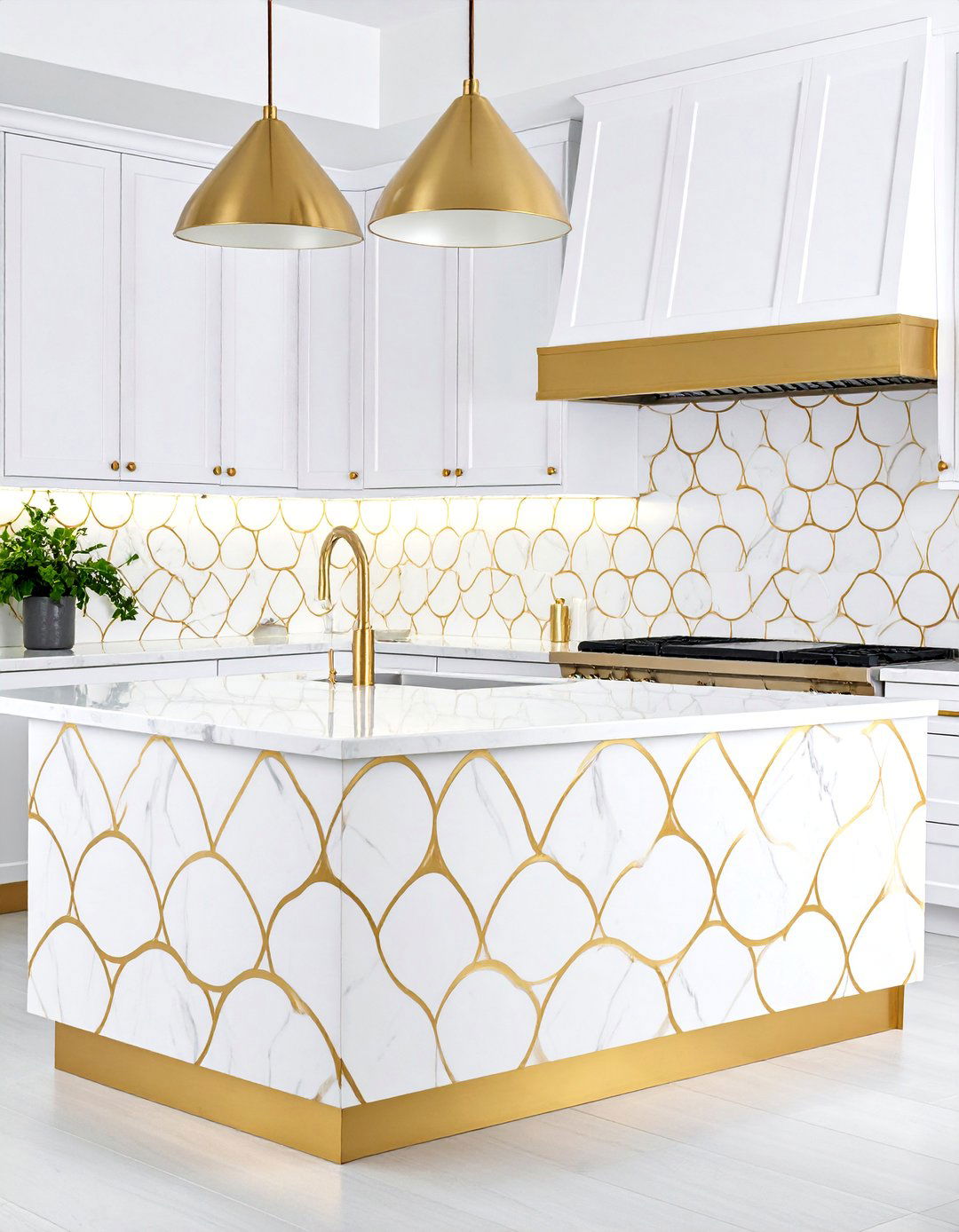 White Marble Fish Scale with Gold Grout - 25 White and Gold Kitchen Backsplash Ideas