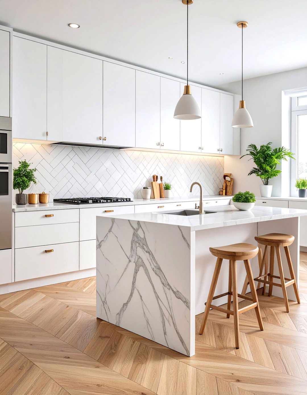 White Marble Herringbone Kitchen Backsplash - 25 White Kitchen Backsplash Ideas