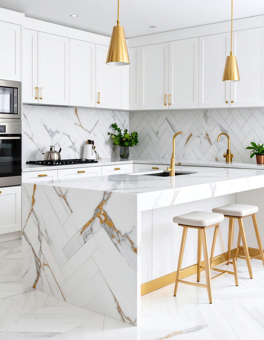 White Marble Herringbone with Gold Veining - 25 White and Gold Kitchen Backsplash Ideas